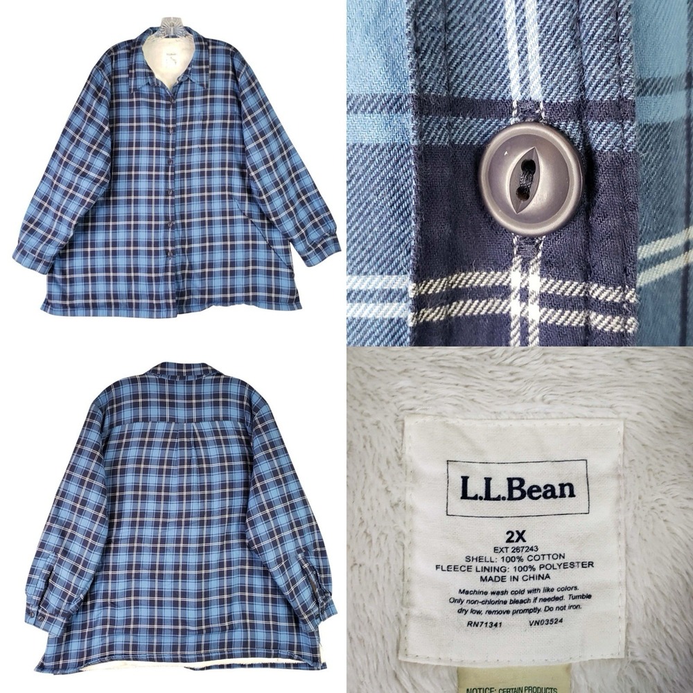 LL Bean Button Up Flannel Shirt Sherpa Lined LS Women's Plus Size 2X Blue Plaid